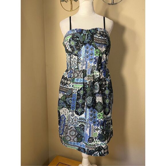 It's Pink Blue Green White Mixed Print Boho Mini Dress w Pockets Large - Picture 8 of 9